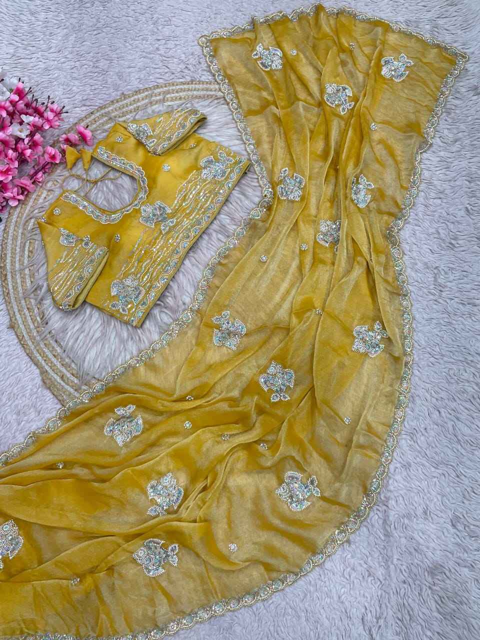 NC MOSS CHIFFON BEADS SEQUINS EMBROIDERY WORK SAREE