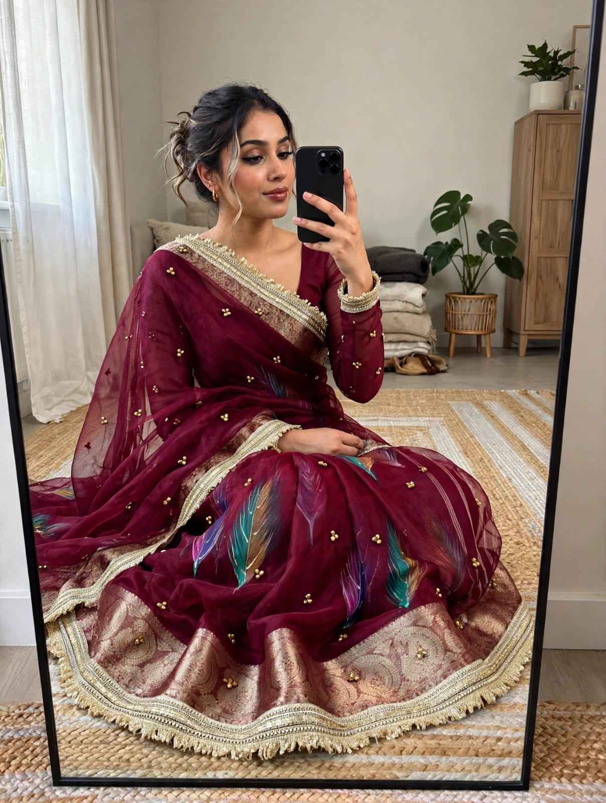 ORGANZA SILK BANARASI BORDER BRUSH PRINTED GHUNGROO SAREE
