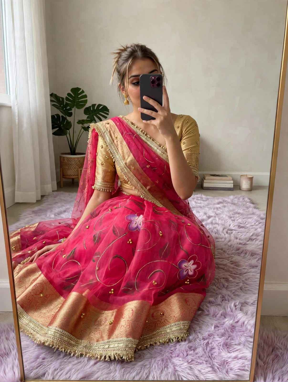 ORGANZA SILK BANARASI BORDER BRUSH PRINTED GHUNGROO SAREE 1