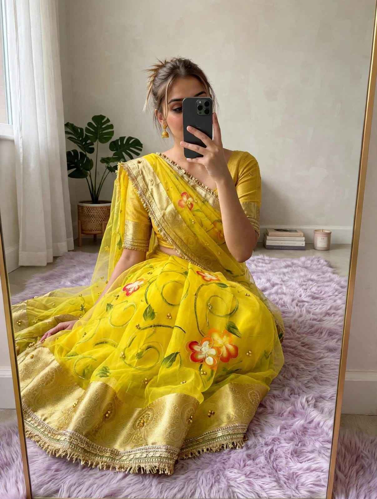 ORGANZA SILK BANARASI BORDER BRUSH PRINTED GHUNGROO SAREE 1