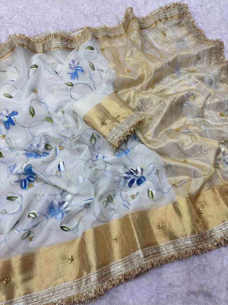 ORGANZA SILK BANARASI BORDER BRUSH PRINTED GHUNGROO SAREE 1