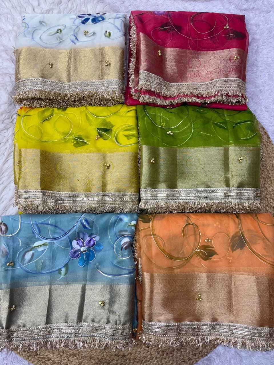 ORGANZA SILK BANARASI BORDER BRUSH PRINTED GHUNGROO SAREE 1