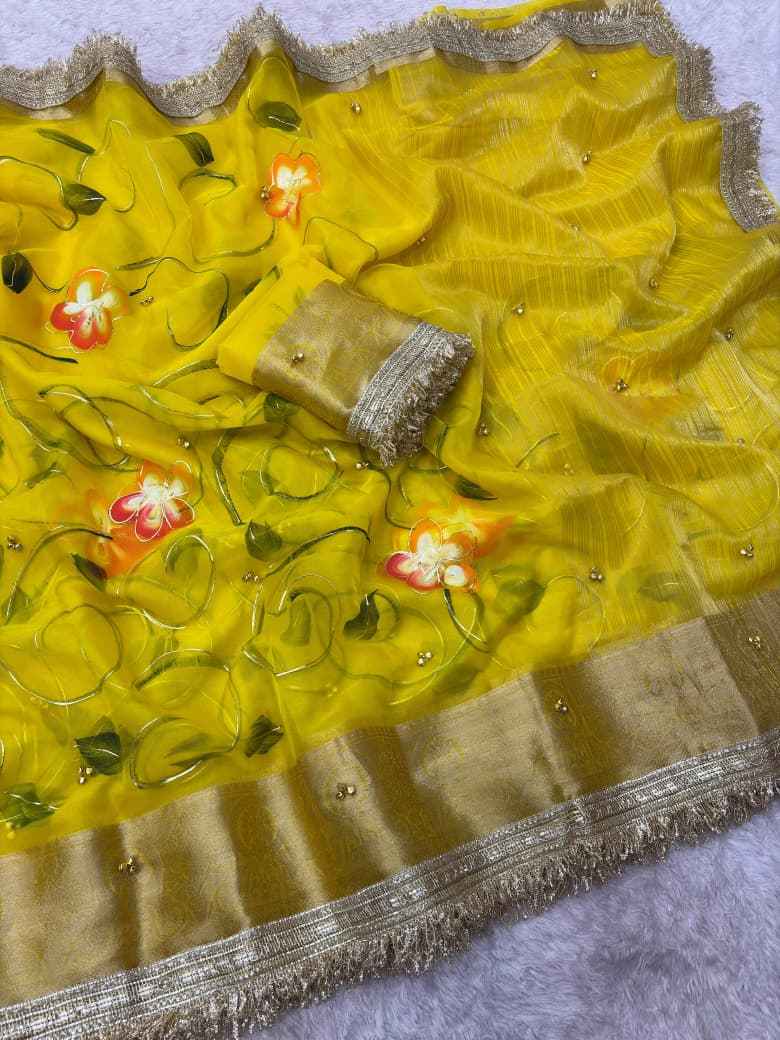 ORGANZA SILK BANARASI BORDER BRUSH PRINTED GHUNGROO SAREE 1