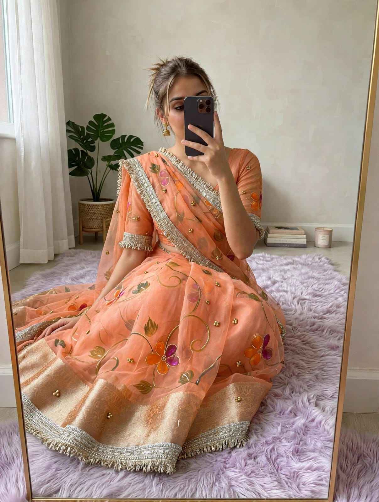 ORGANZA SILK BANARASI BORDER BRUSH PRINTED GHUNGROO SAREE 1