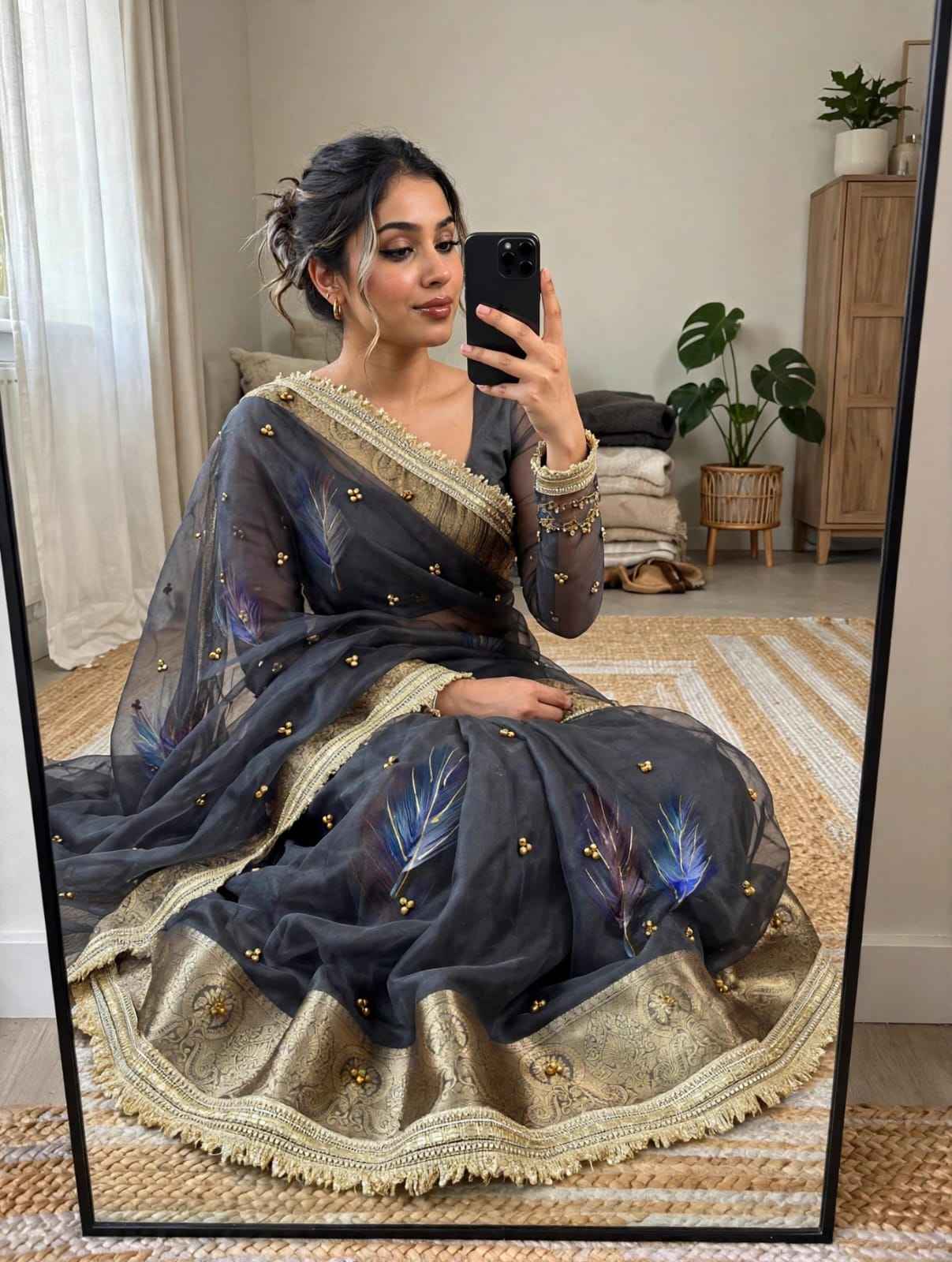 ORGANZA SILK BANARASI BORDER BRUSH PRINTED GHUNGROO SAREE