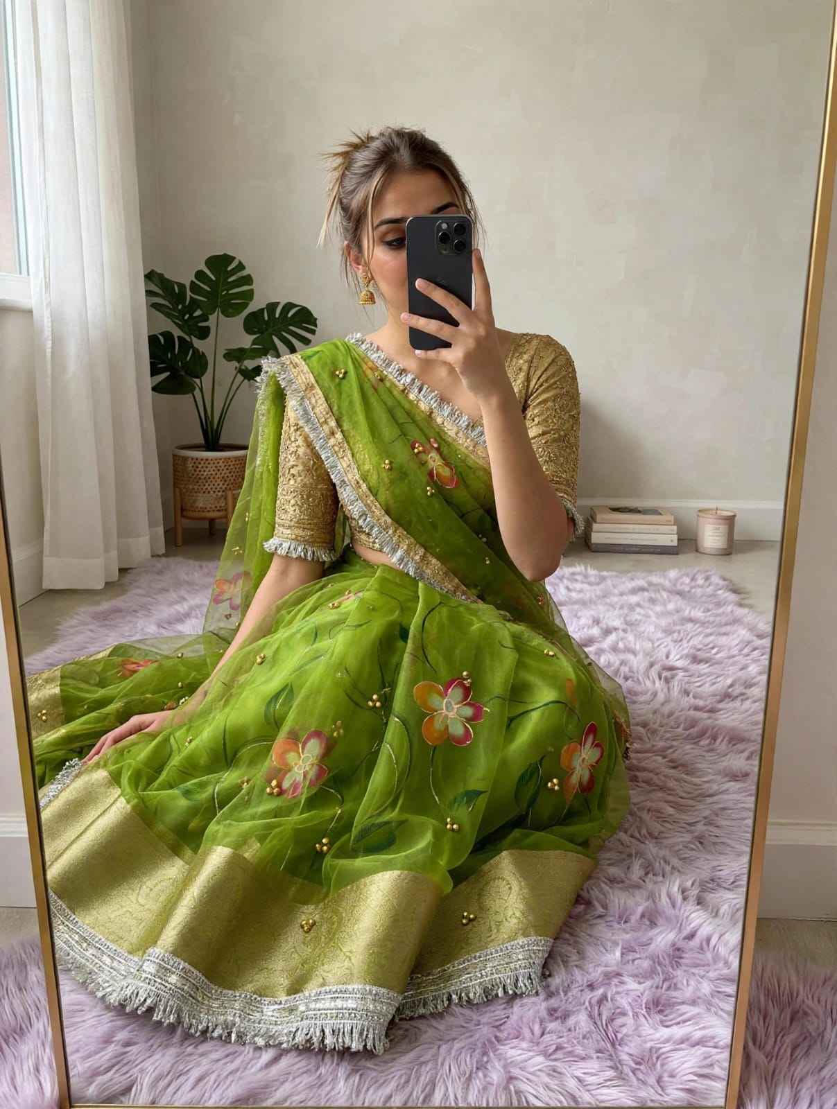 ORGANZA SILK BANARASI BORDER BRUSH PRINTED GHUNGROO SAREE 1