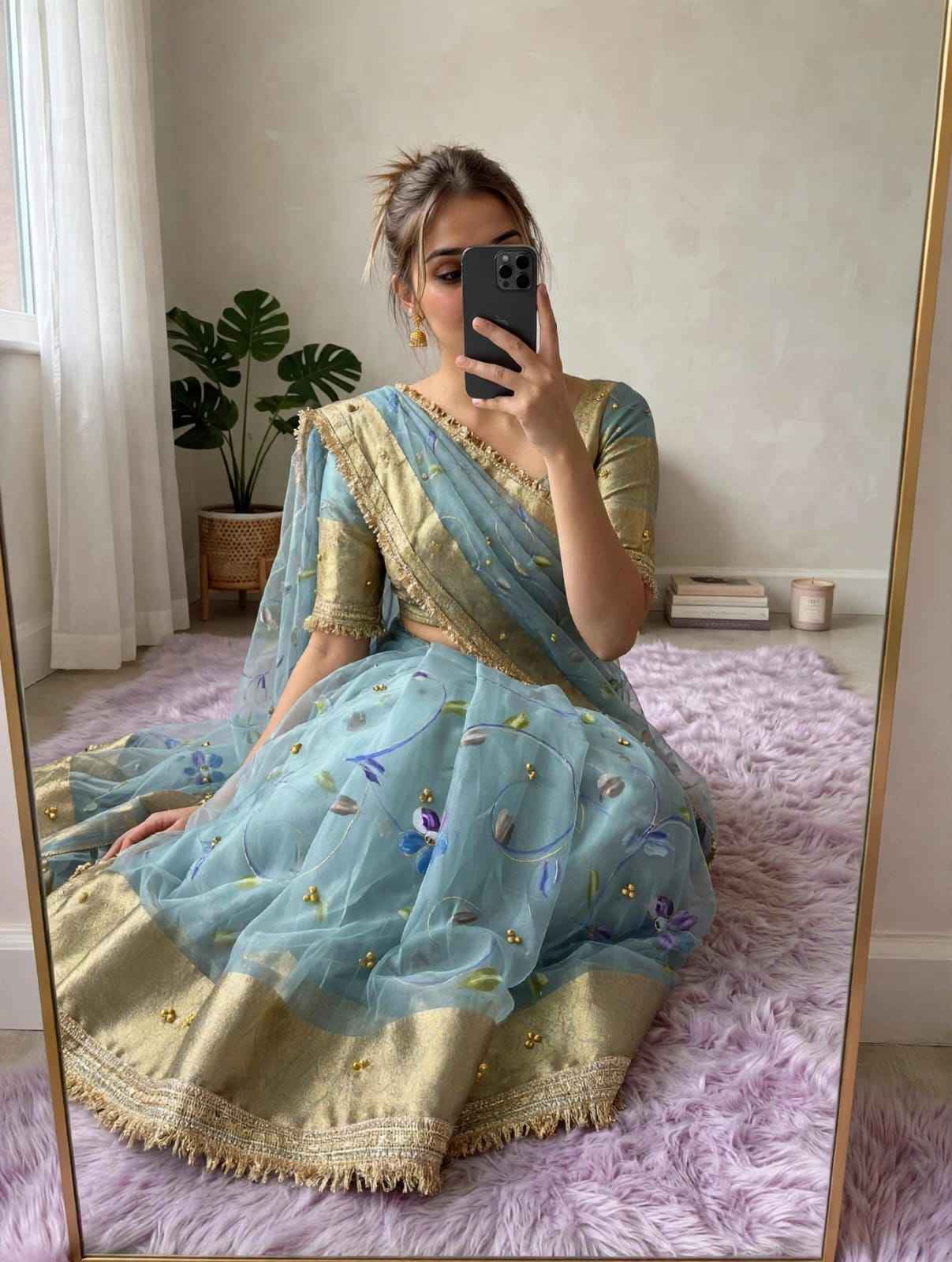 ORGANZA SILK BANARASI BORDER BRUSH PRINTED GHUNGROO SAREE 1