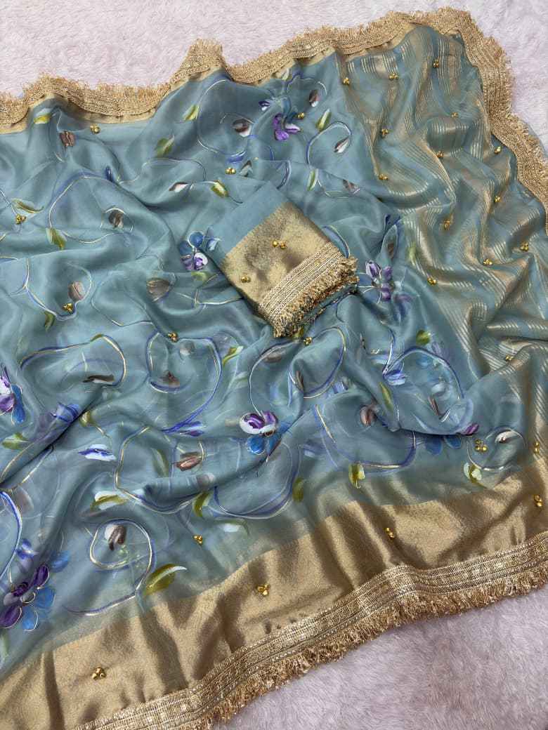 ORGANZA SILK BANARASI BORDER BRUSH PRINTED GHUNGROO SAREE 1