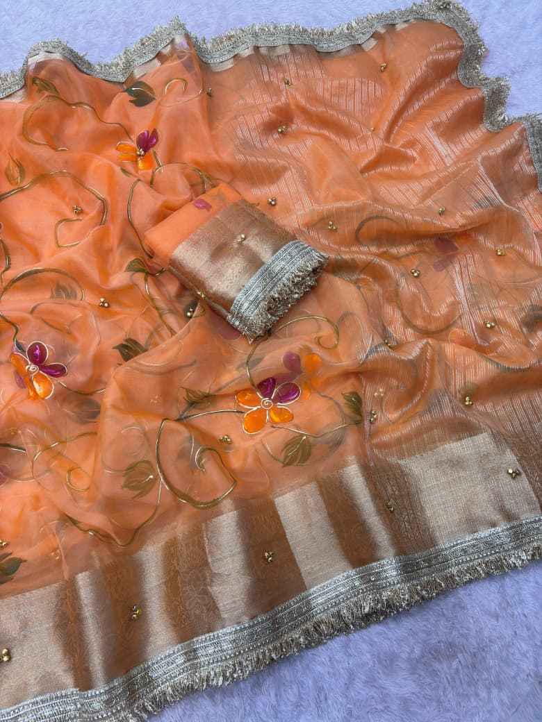 ORGANZA SILK BANARASI BORDER BRUSH PRINTED GHUNGROO SAREE 1