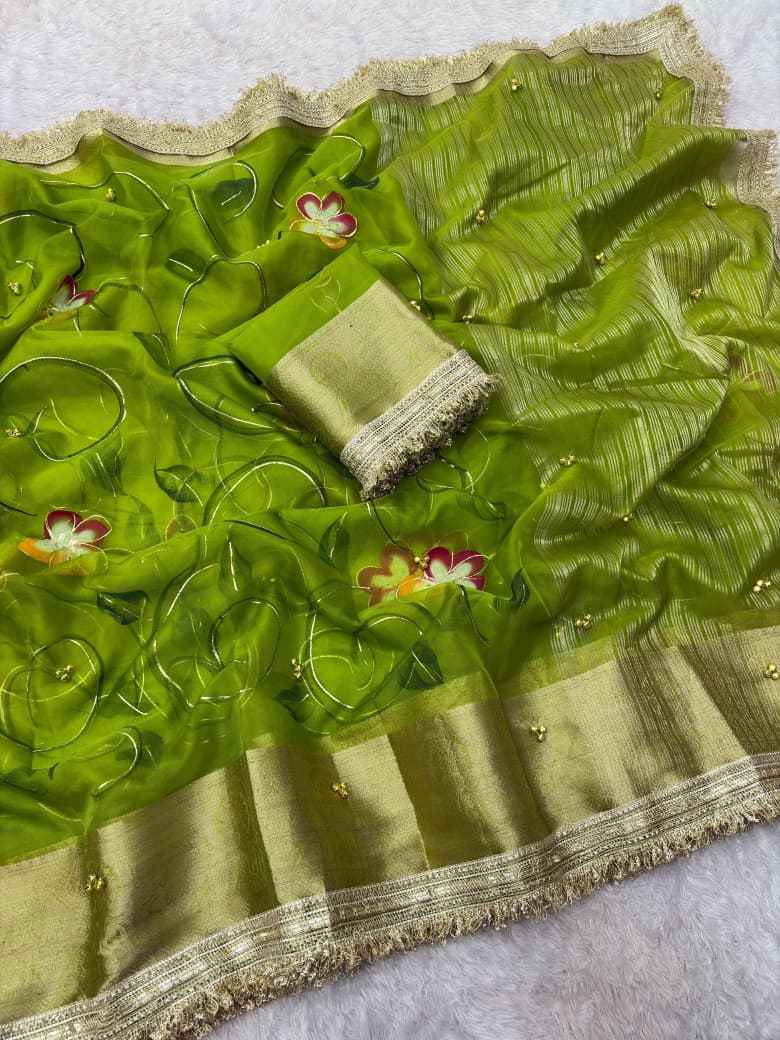 ORGANZA SILK BANARASI BORDER BRUSH PRINTED GHUNGROO SAREE 1