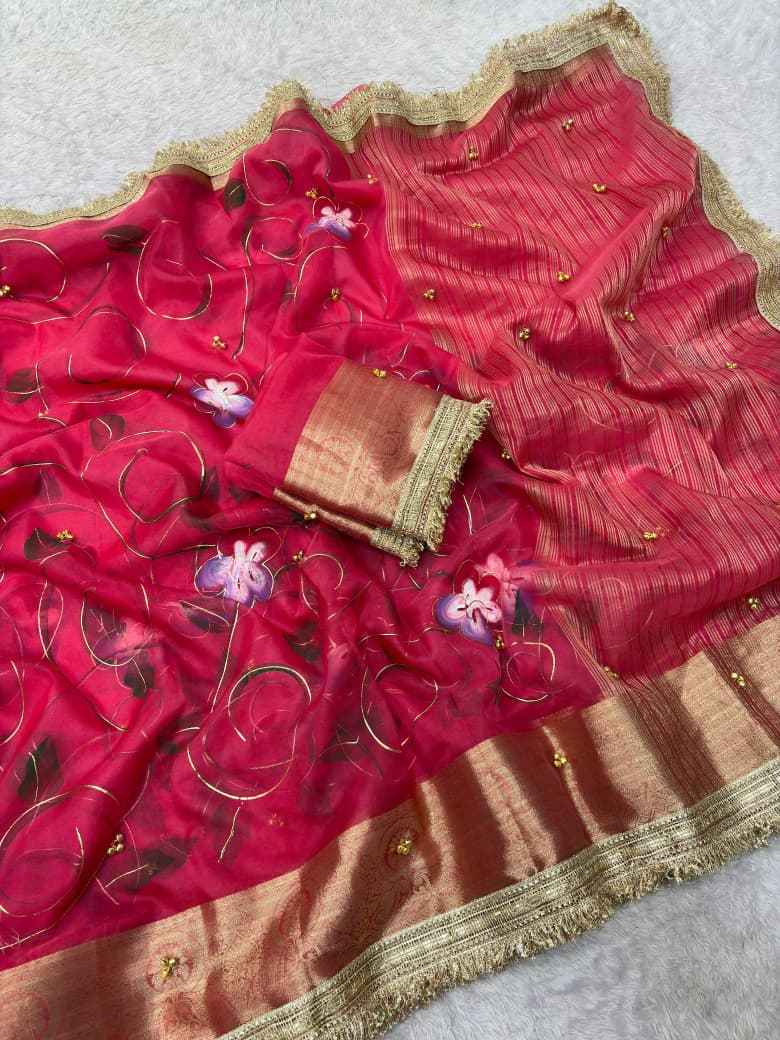 ORGANZA SILK BANARASI BORDER BRUSH PRINTED GHUNGROO SAREE 1