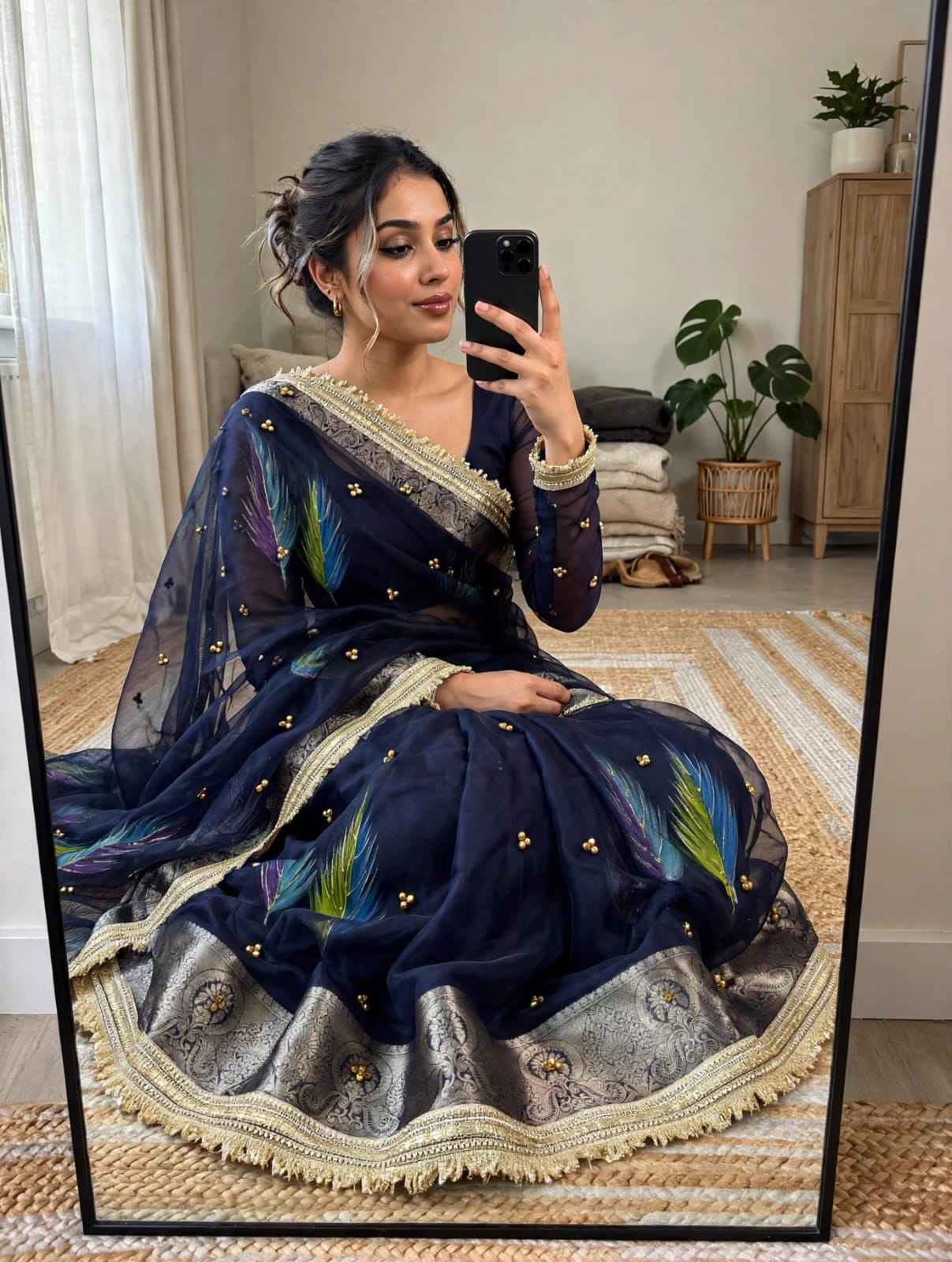 ORGANZA SILK BANARASI BORDER BRUSH PRINTED GHUNGROO SAREE