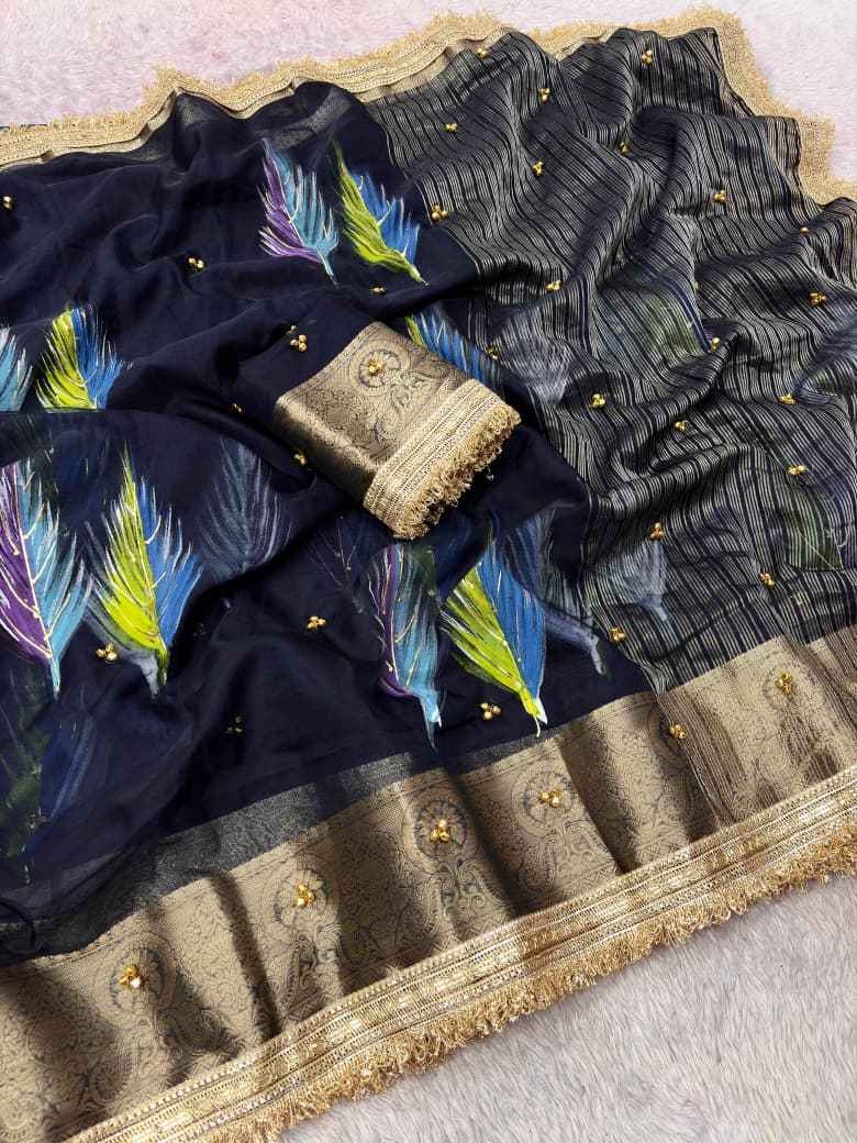 ORGANZA SILK BANARASI BORDER BRUSH PRINTED GHUNGROO SAREE