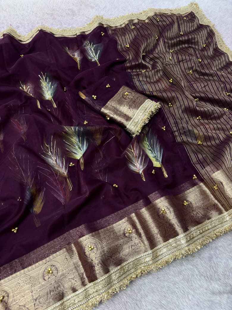 ORGANZA SILK BANARASI BORDER BRUSH PRINTED GHUNGROO SAREE