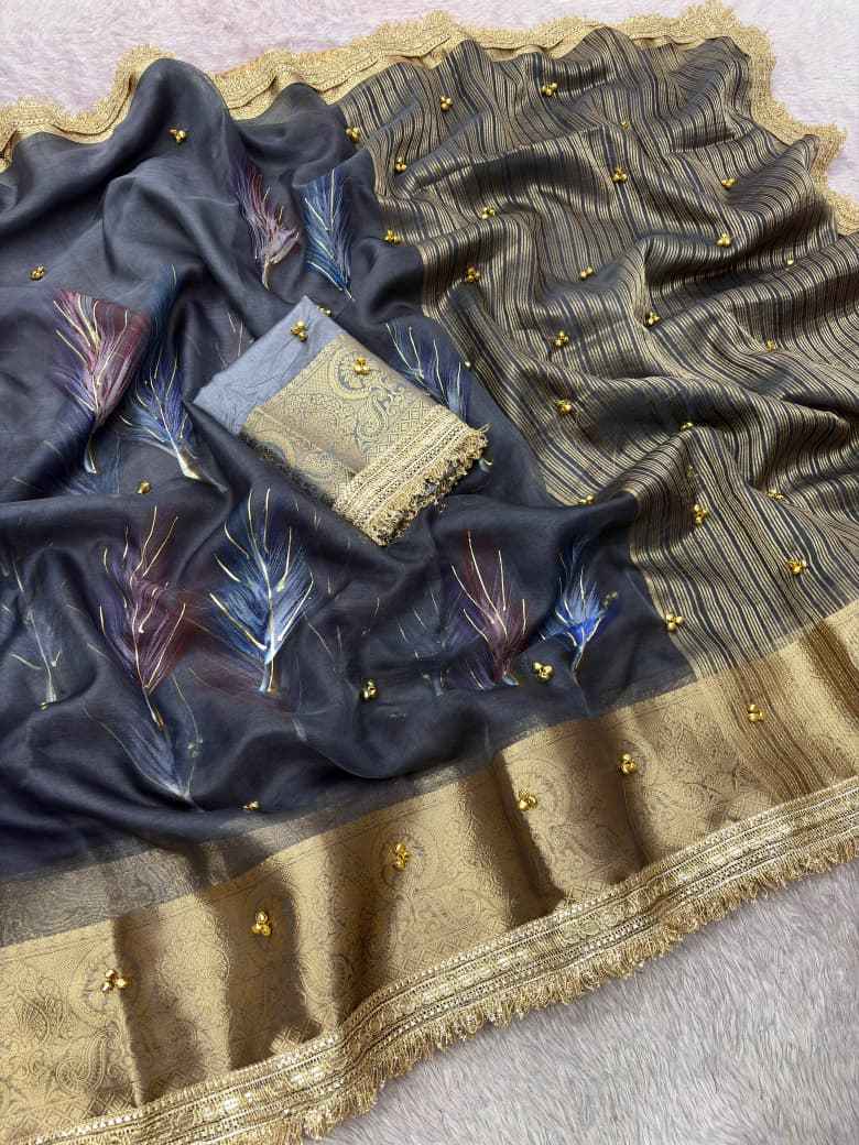 ORGANZA SILK BANARASI BORDER BRUSH PRINTED GHUNGROO SAREE