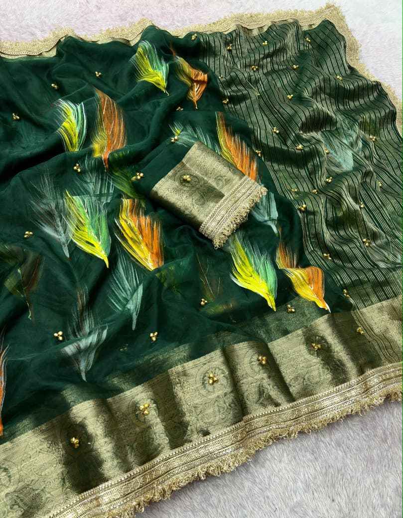 ORGANZA SILK BANARASI BORDER BRUSH PRINTED GHUNGROO SAREE