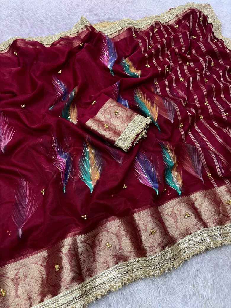 ORGANZA SILK BANARASI BORDER BRUSH PRINTED GHUNGROO SAREE