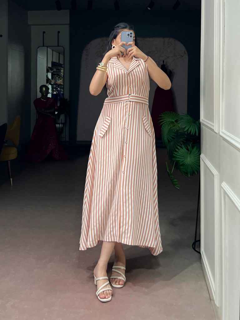 PETTAL SILK STRIPED ETHNIC DESIGNER DRESS 