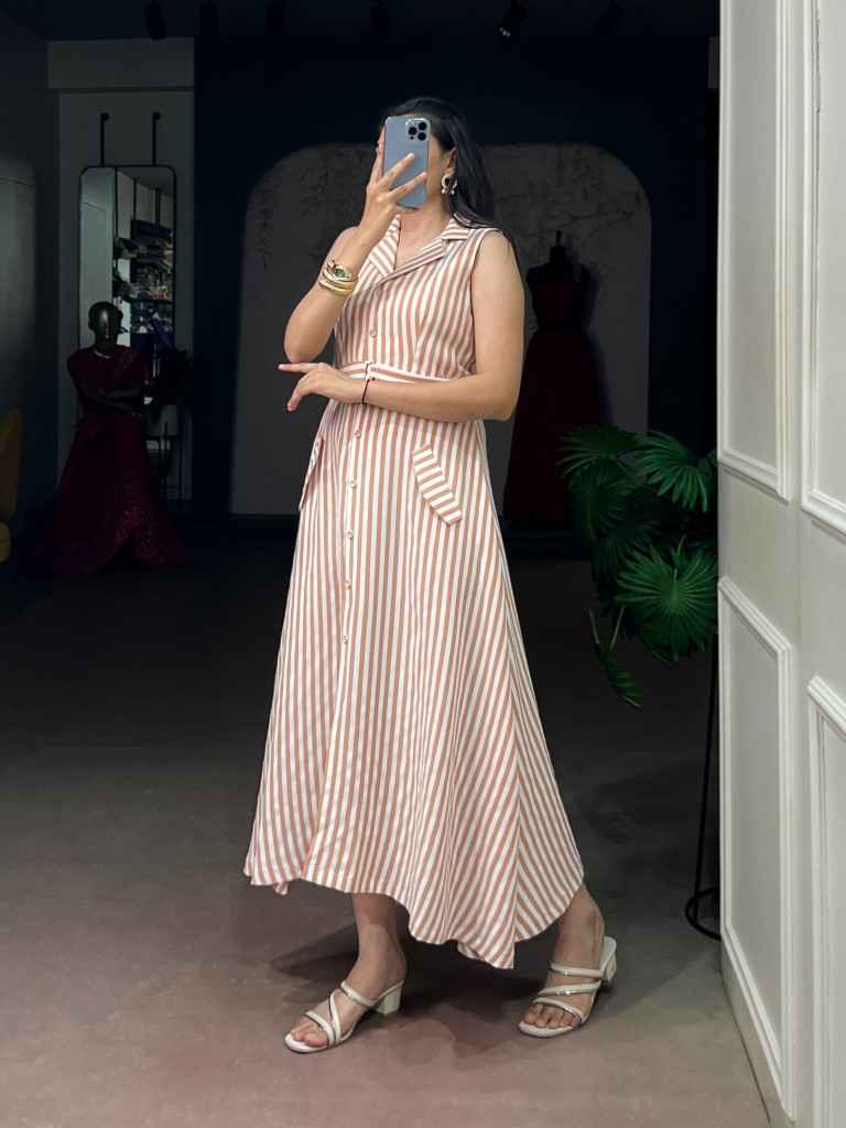 PETTAL SILK STRIPED ETHNIC DESIGNER DRESS 