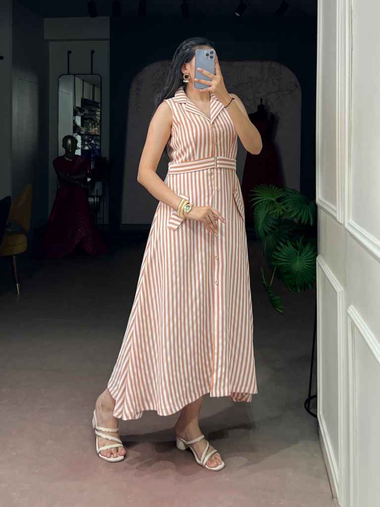 PETTAL SILK STRIPED ETHNIC DESIGNER DRESS 
