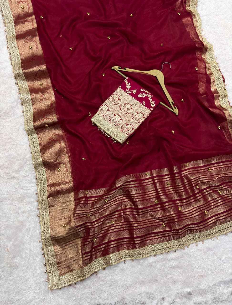 PREMIUM ORGANZA SILK BANARASI BORDER GHUNGROO WORK SAREE