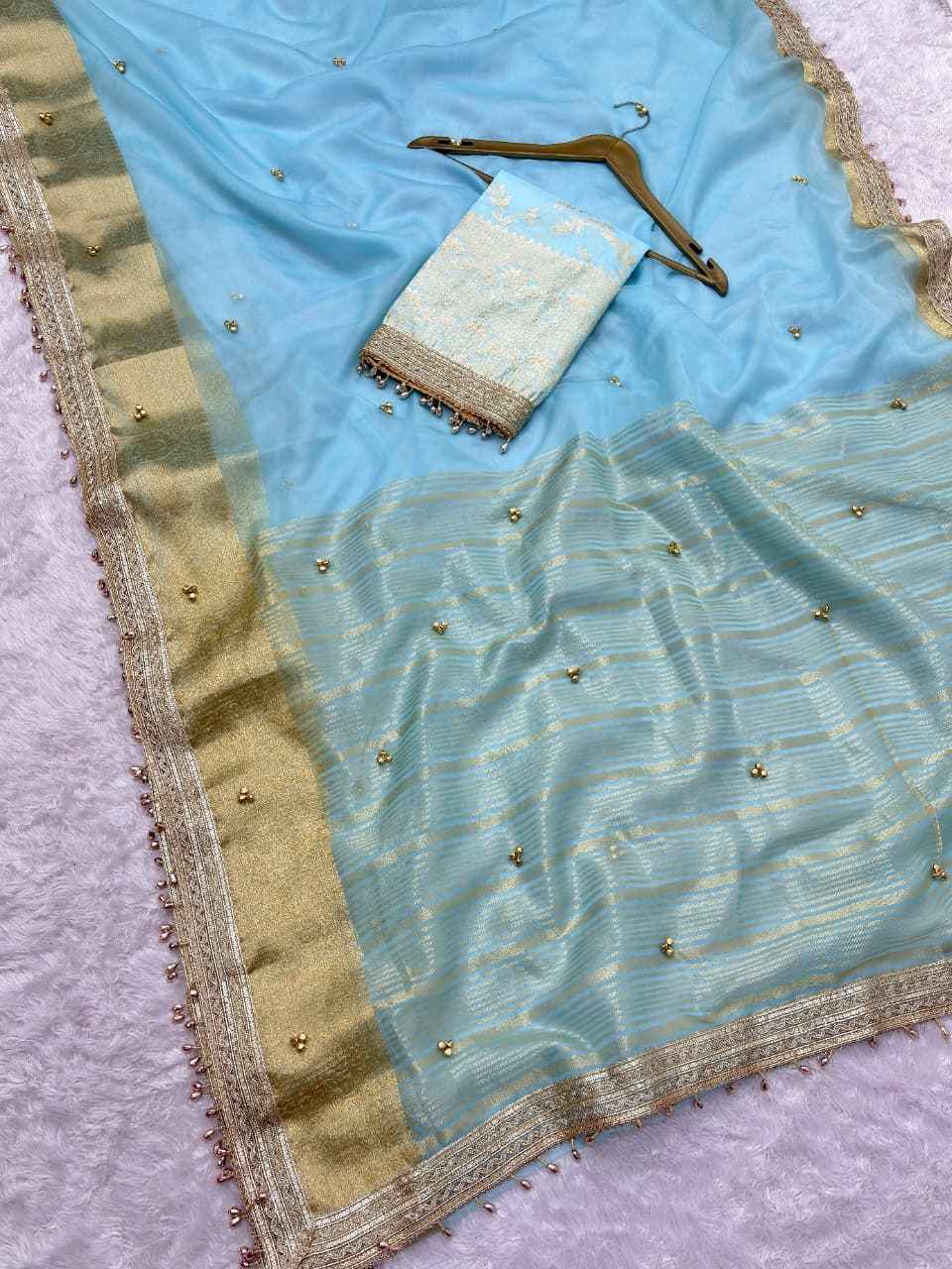 PREMIUM ORGANZA SILK BANARASI BORDER GHUNGROO WORK SAREE