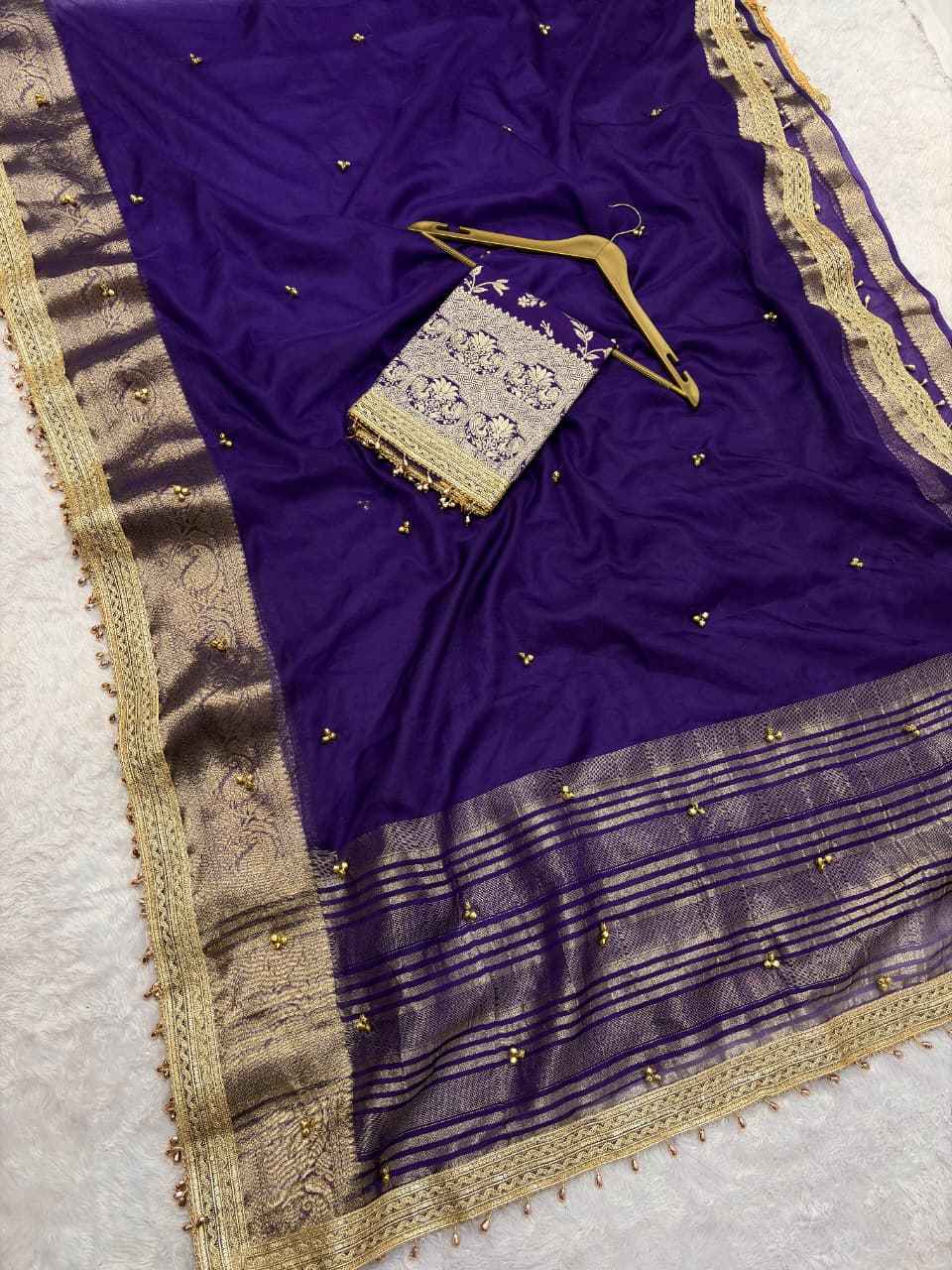 PREMIUM ORGANZA SILK BANARASI BORDER GHUNGROO WORK SAREE