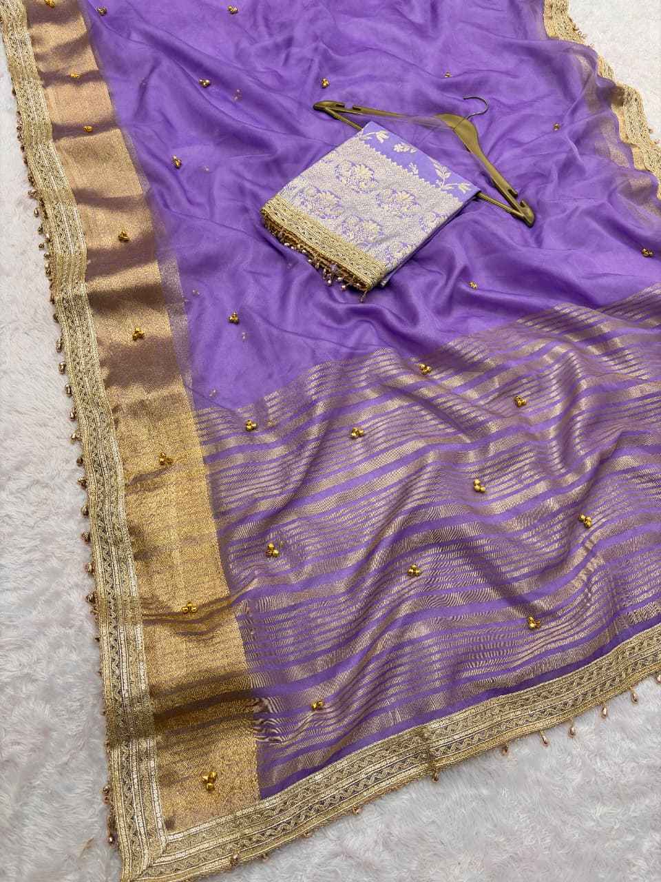 PREMIUM ORGANZA SILK BANARASI BORDER GHUNGROO WORK SAREE