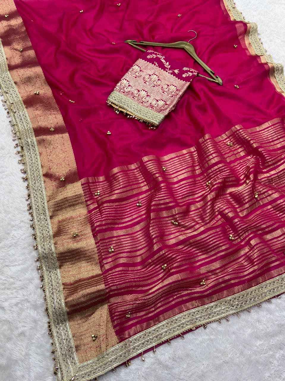 PREMIUM ORGANZA SILK BANARASI BORDER GHUNGROO WORK SAREE