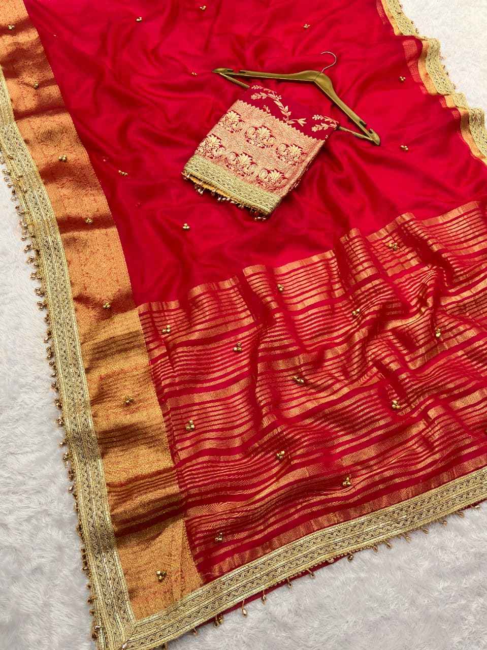 PREMIUM ORGANZA SILK BANARASI BORDER GHUNGROO WORK SAREE