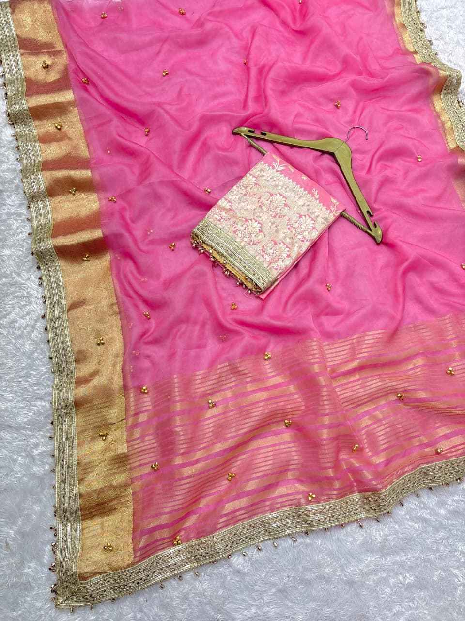 PREMIUM ORGANZA SILK BANARASI BORDER GHUNGROO WORK SAREE