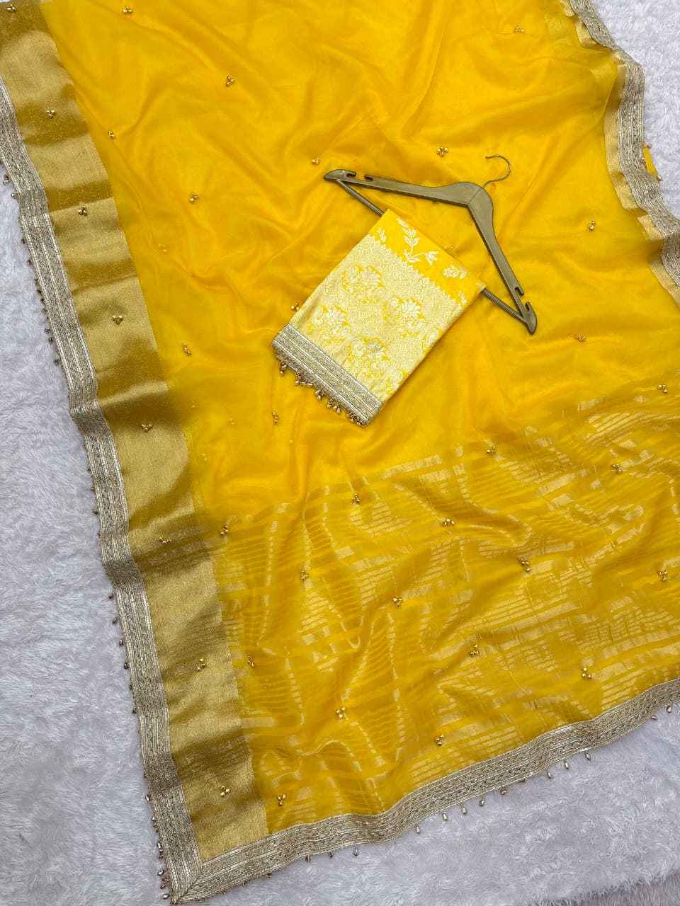 PREMIUM ORGANZA SILK BANARASI BORDER GHUNGROO WORK SAREE