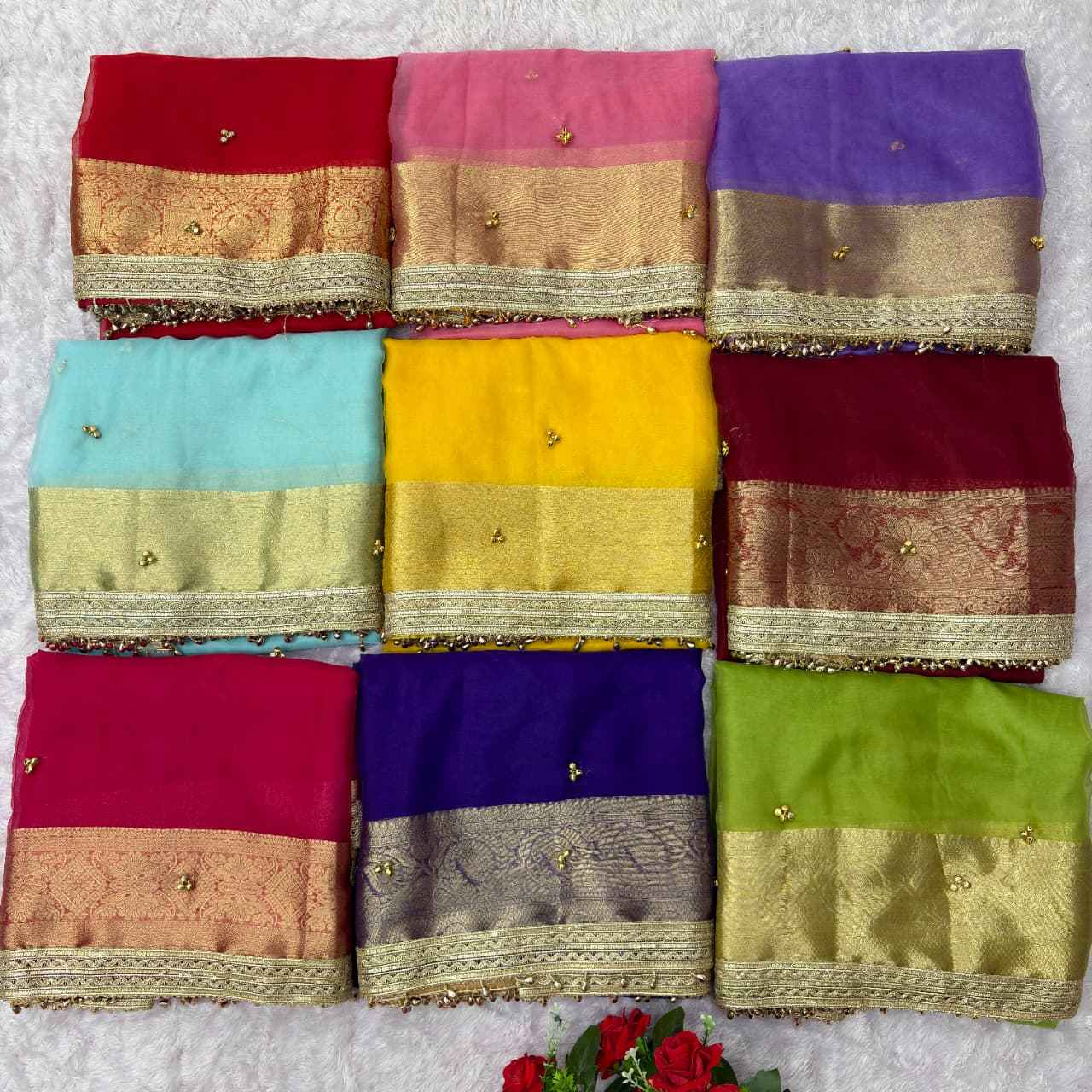 PREMIUM ORGANZA SILK BANARASI BORDER GHUNGROO WORK SAREE