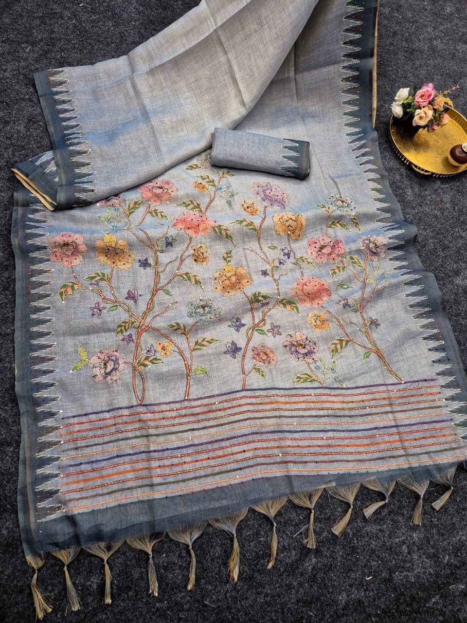 PREMIUM SOFT PURE JUTE LINEN SILK FLORAL PRINTED HANDWORK SAREE 