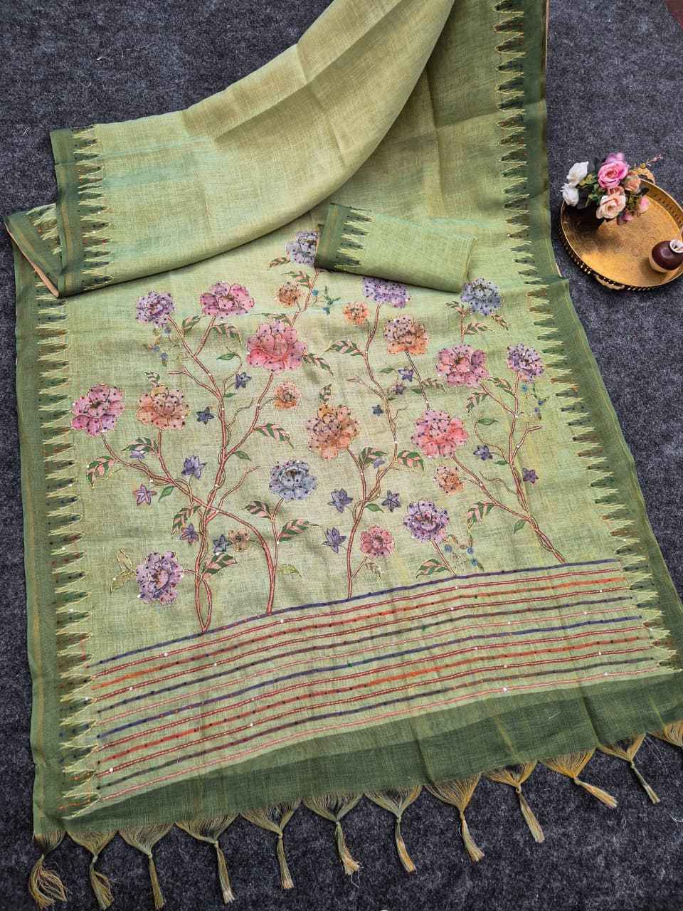 PREMIUM SOFT PURE JUTE LINEN SILK FLORAL PRINTED HANDWORK SAREE 