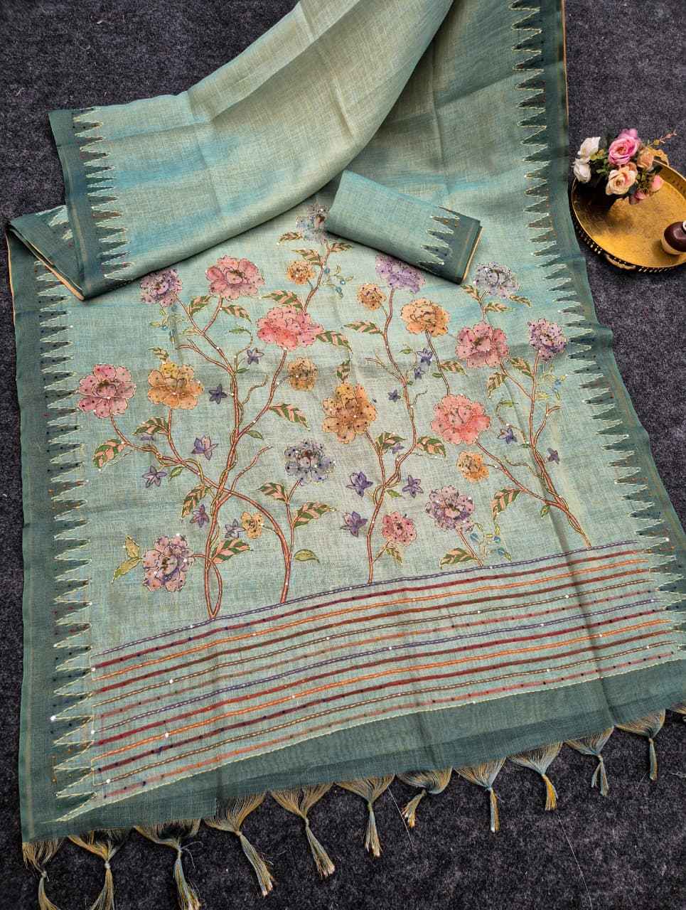 PREMIUM SOFT PURE JUTE LINEN SILK FLORAL PRINTED HANDWORK SAREE 