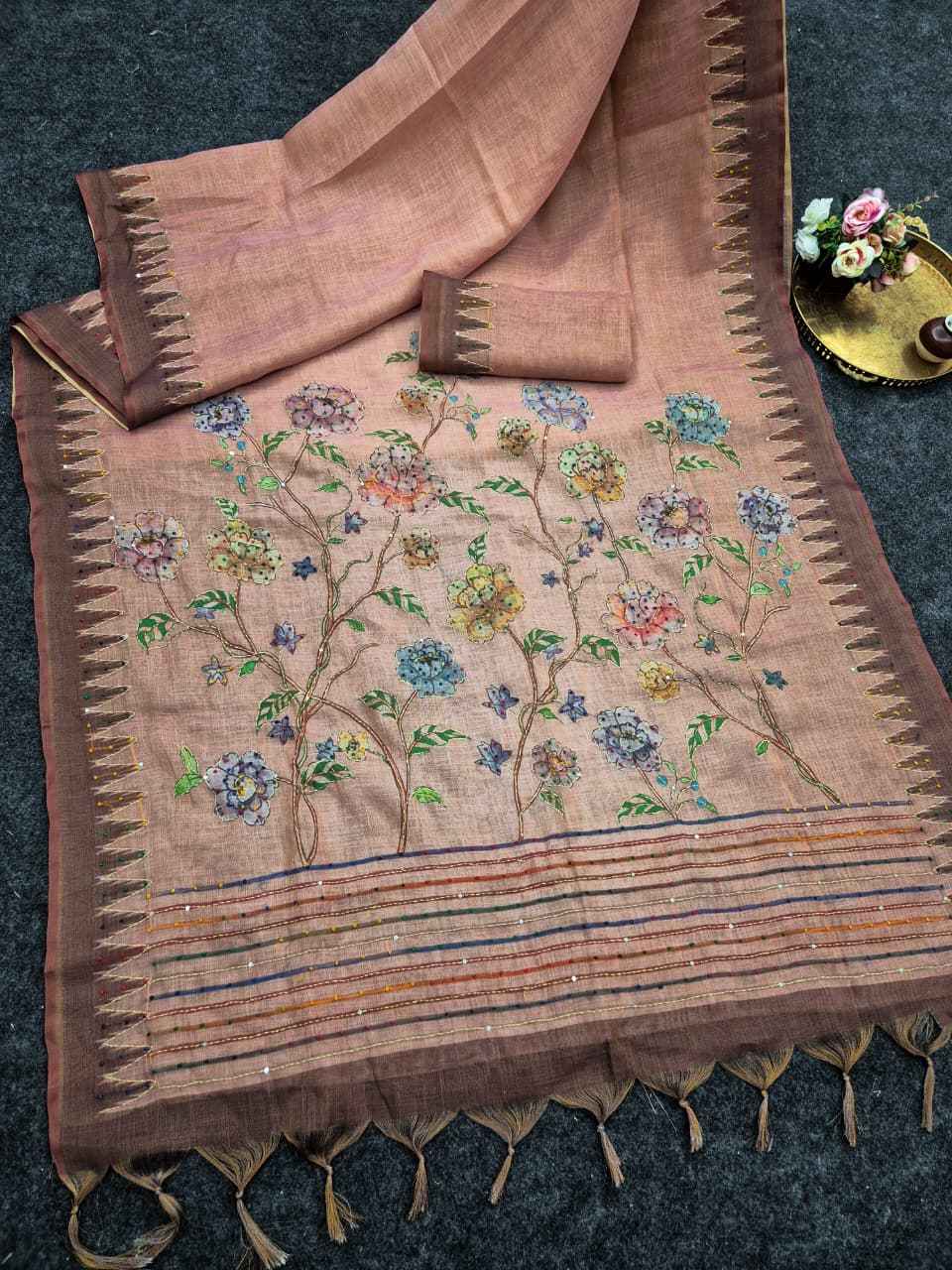 PREMIUM SOFT PURE JUTE LINEN SILK FLORAL PRINTED HANDWORK SAREE 