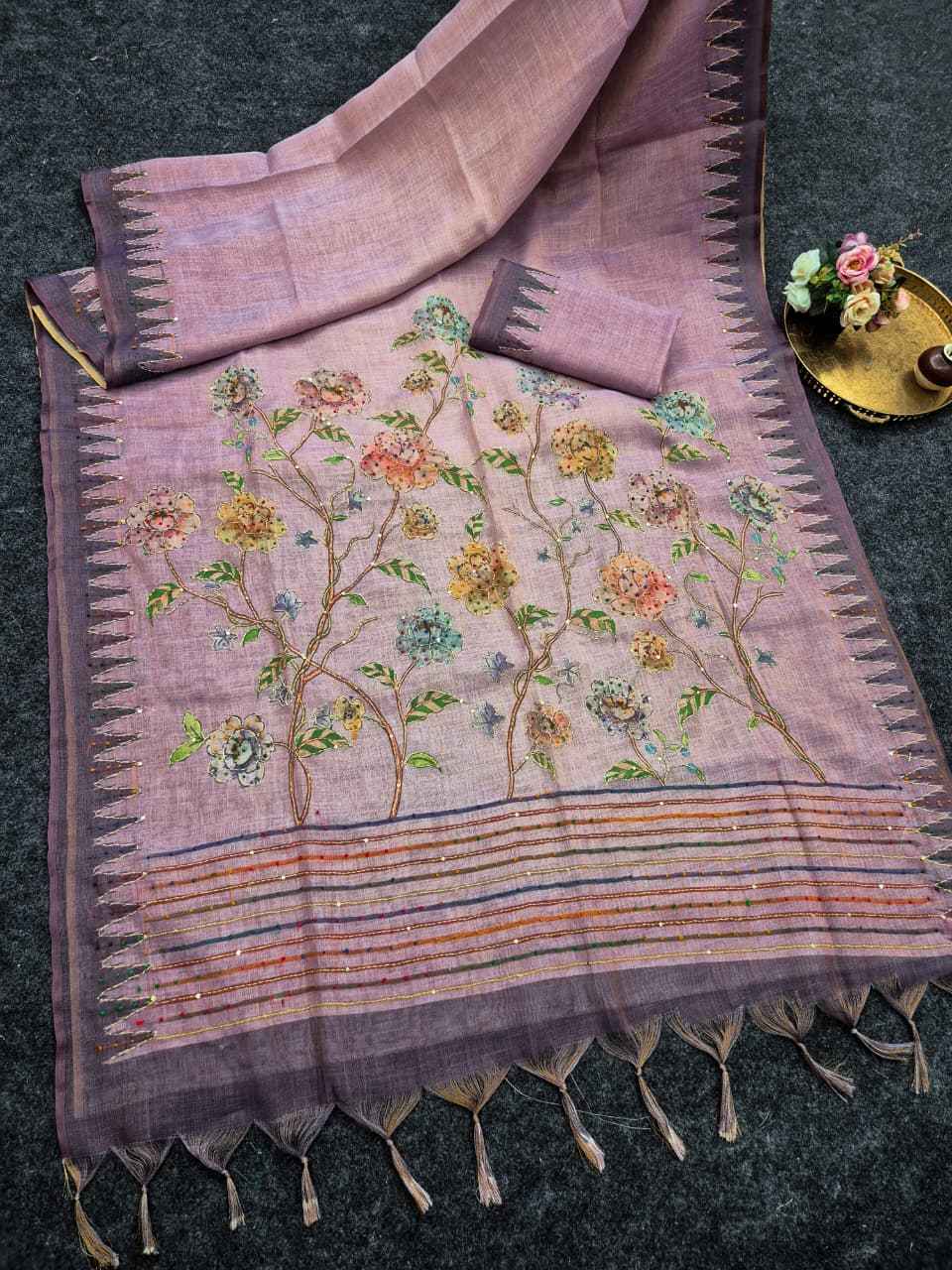 PREMIUM SOFT PURE JUTE LINEN SILK FLORAL PRINTED HANDWORK SAREE 