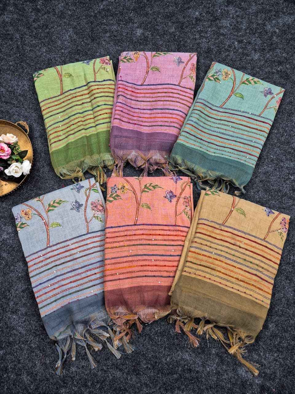 PREMIUM SOFT PURE JUTE LINEN SILK FLORAL PRINTED HANDWORK SAREE 