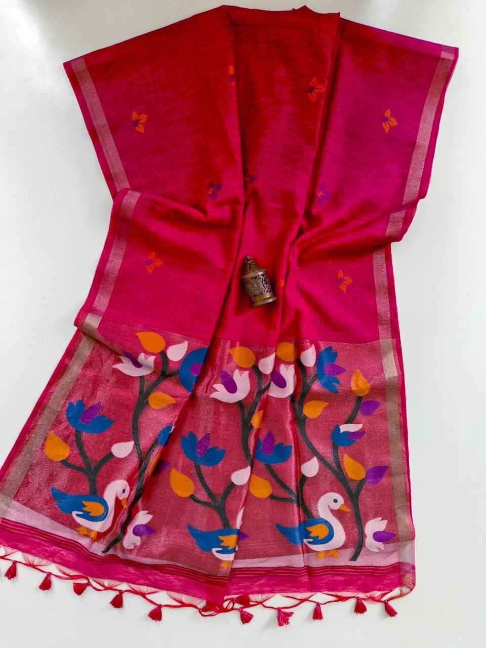 PREMIUM SOFT PURE LINEN SILK ZARI MEENA WEAVING SAREE 