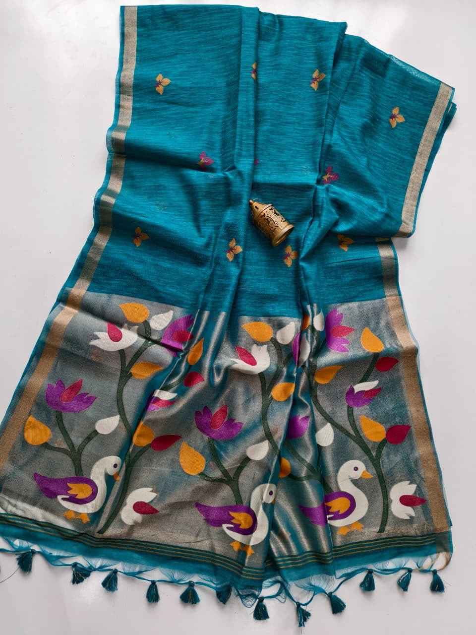 PREMIUM SOFT PURE LINEN SILK ZARI MEENA WEAVING SAREE 