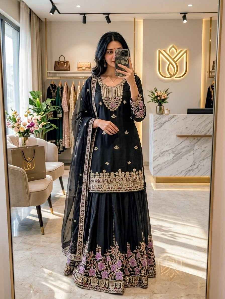 PURE CHINON SILK EMBROIDERY WORK READYMADE SUIT