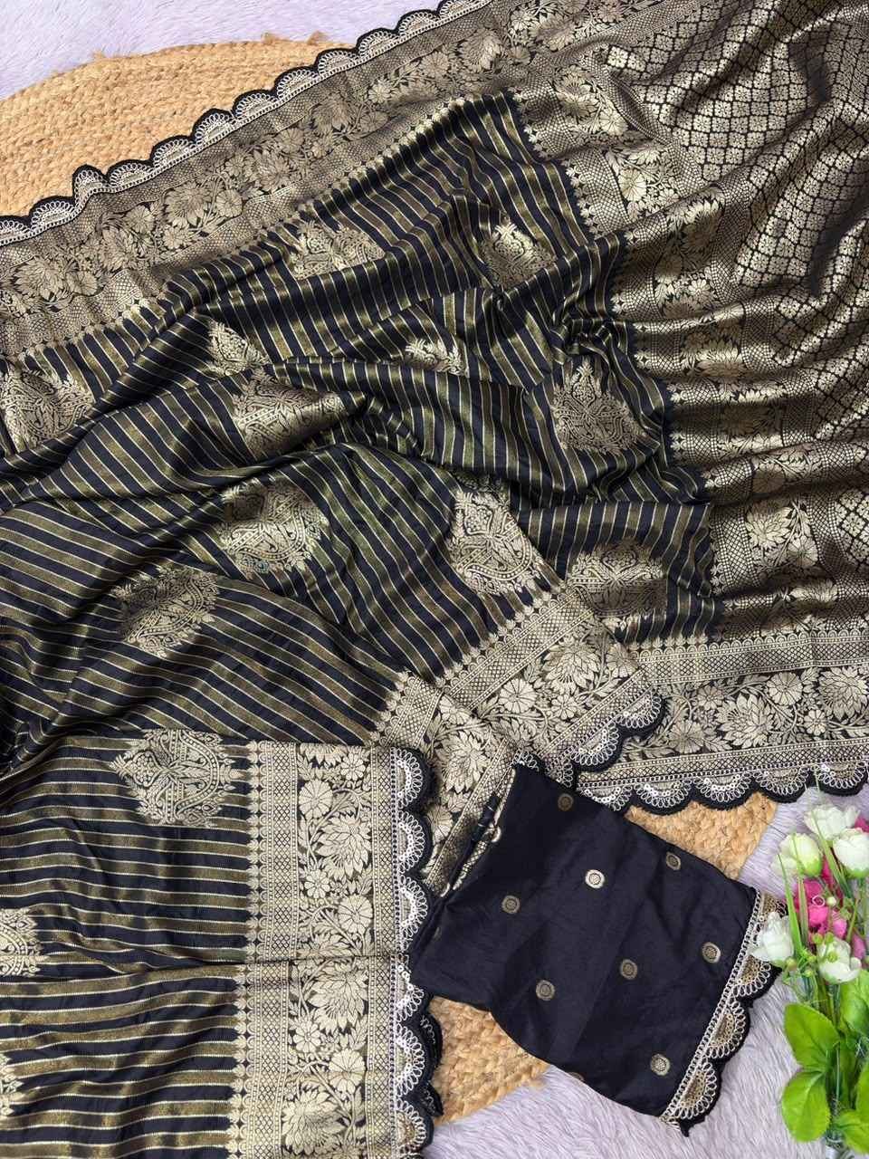 PURE CREPE KHADI SILK TISSUE PATTA ZARI WEAVING SAREE 