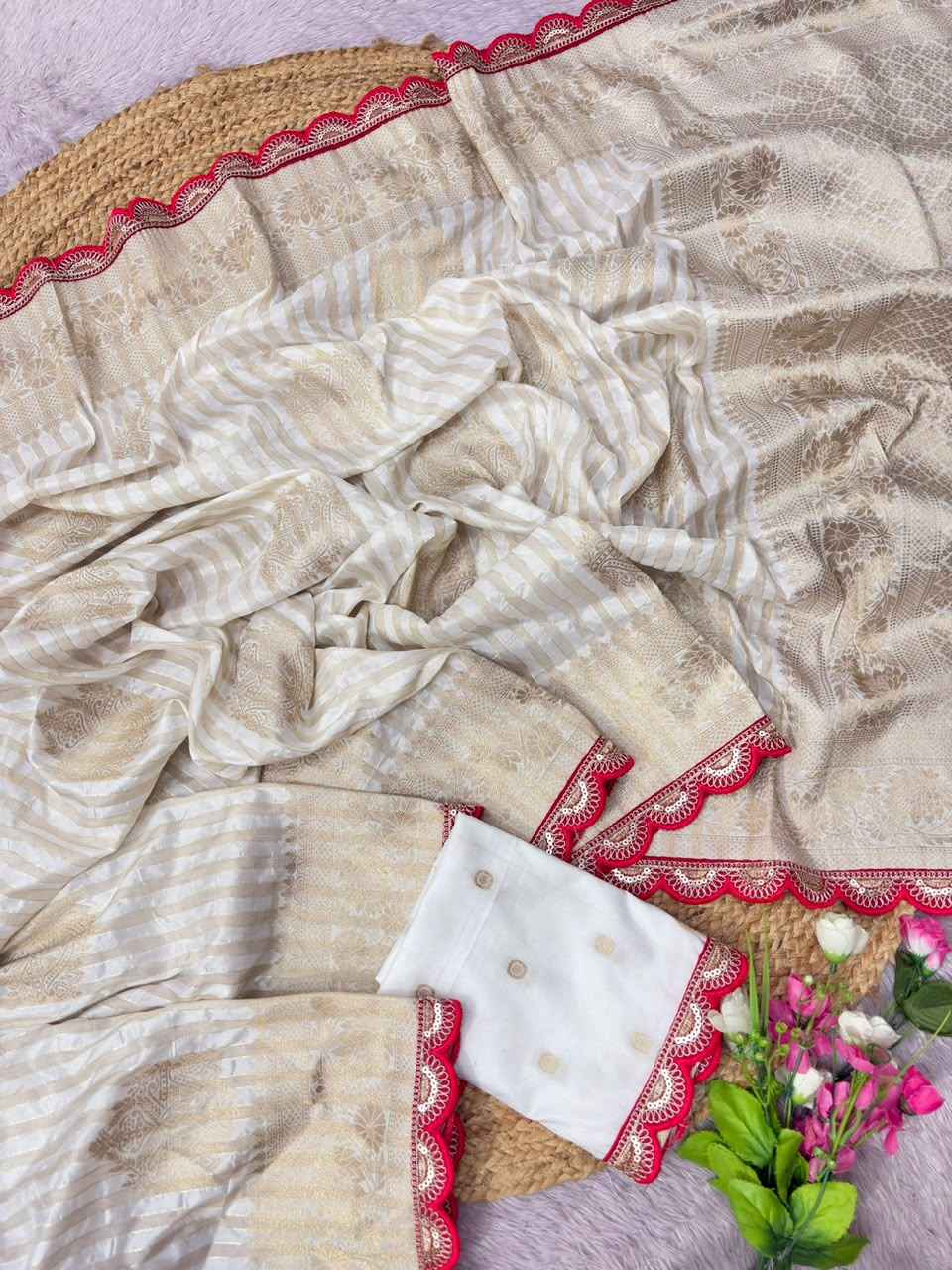 PURE CREPE KHADI SILK TISSUE PATTA ZARI WEAVING SAREE 