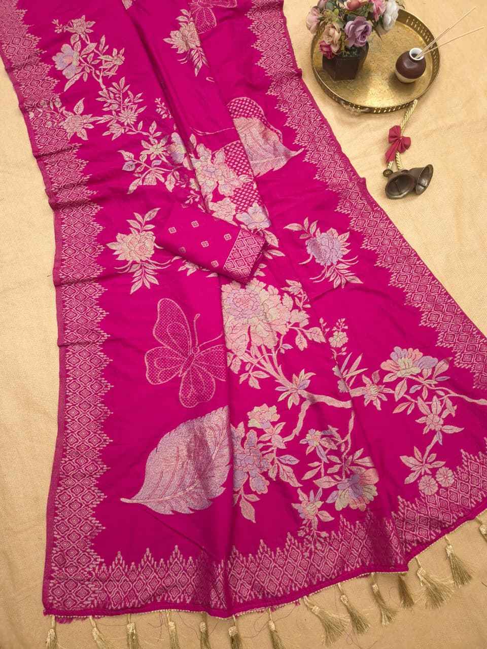 PURE KHADI CREPE SILK FLORAL ZARI WEAVING SAREE
