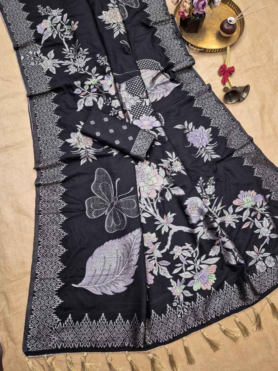 PURE KHADI CREPE SILK FLORAL ZARI WEAVING SAREE