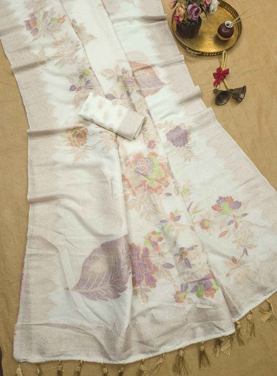 PURE KHADI CREPE SILK FLORAL ZARI WEAVING SAREE