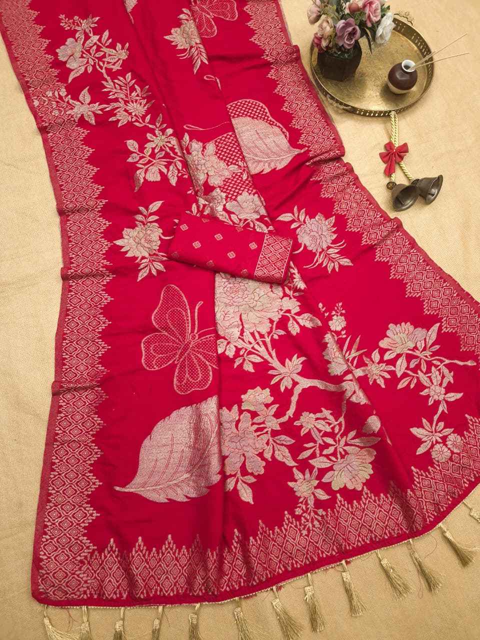 PURE KHADI CREPE SILK FLORAL ZARI WEAVING SAREE