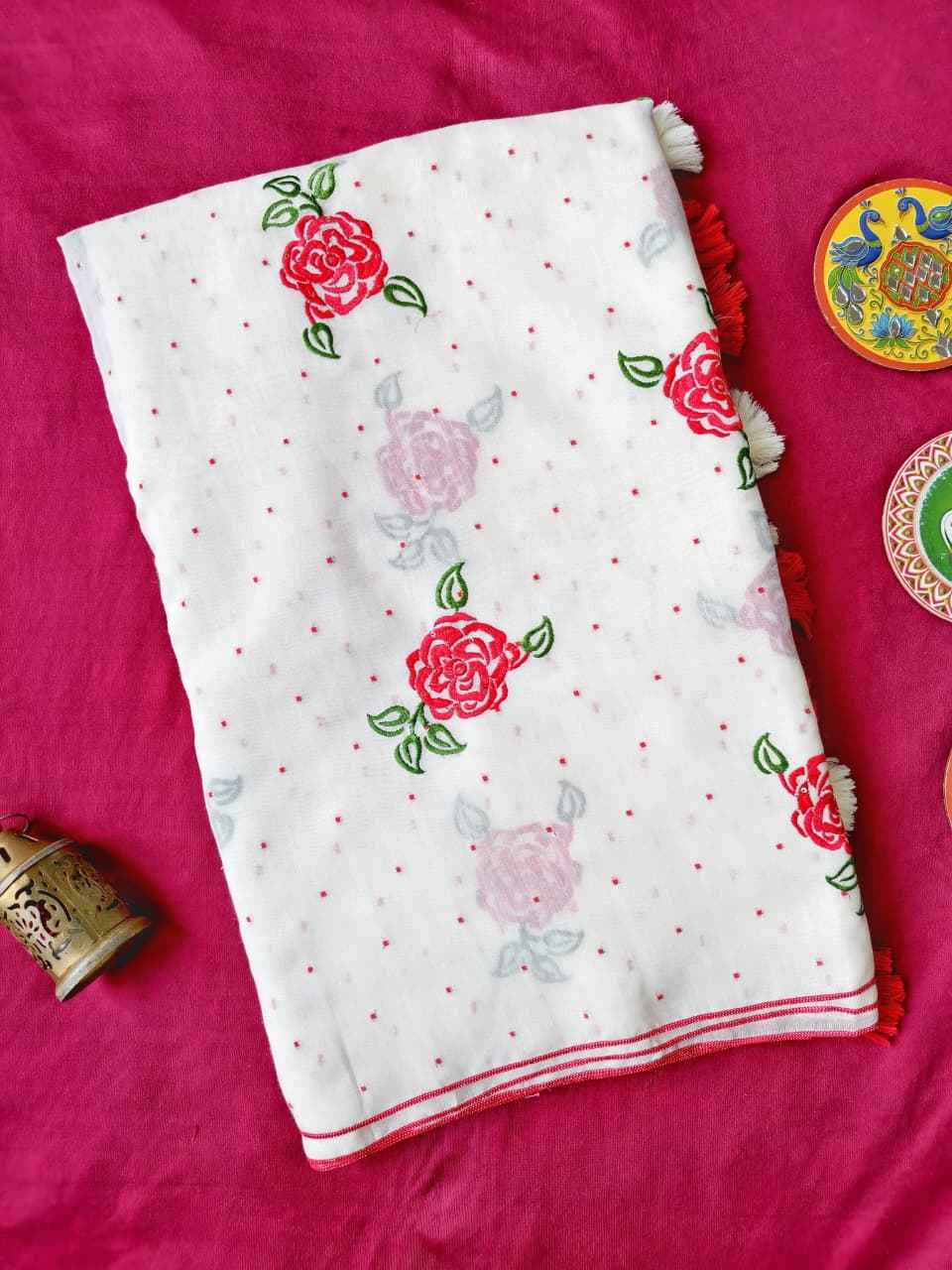PURE LINEN COTTON ROSÉ EMBORIDERY WORK SAREE