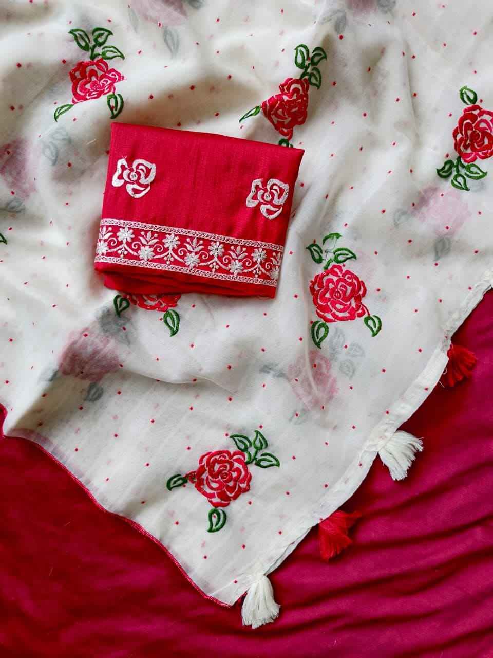 PURE LINEN COTTON ROSÉ EMBORIDERY WORK SAREE